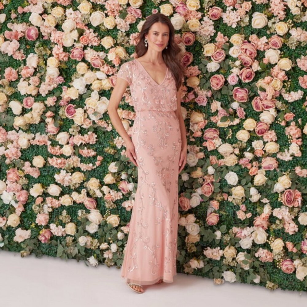 Adrianna Papell Coral V-Neck Beaded Sequin Blouson Dress